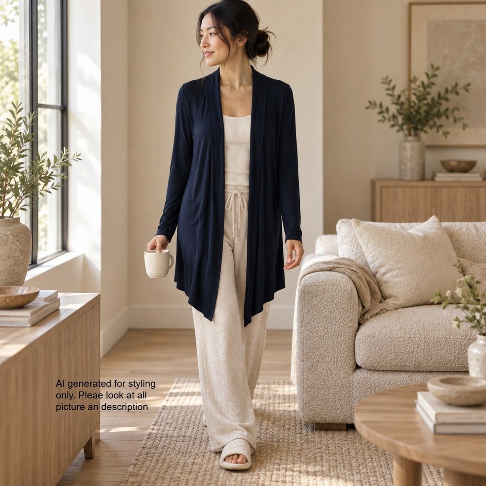 Magaschoni Womens Navy Blue Open Front Draped Cardigan Shawl Collar Large L